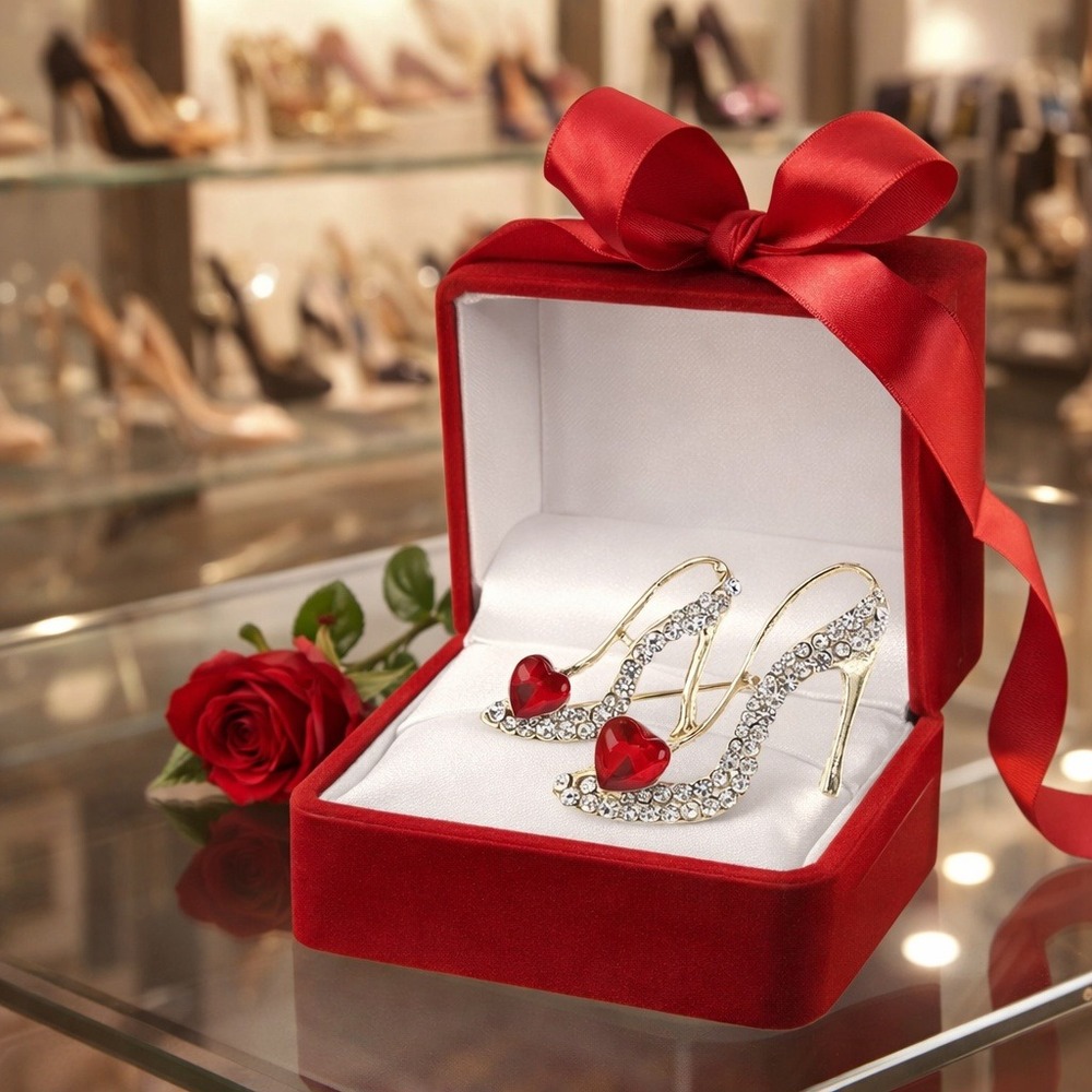 Brooch Gold Rhinestone‎ Shoe with Red Heart Pin
